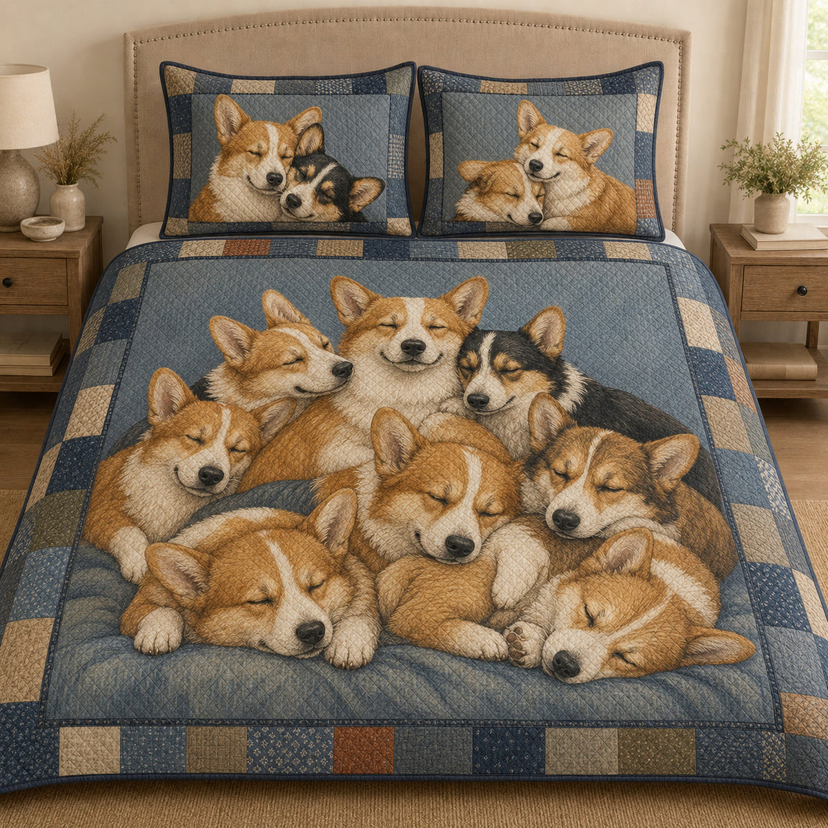 Sleeping Pembroke Welsh Corgi Puppies quilt design with coordinating pillow shams
