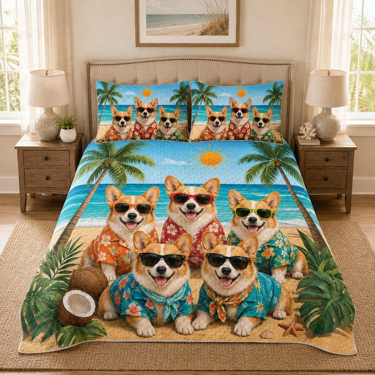 Corgi Summer Beach Quilt Set
