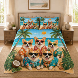 Corgi Summer Beach Quilt Set, Tropical Dogs