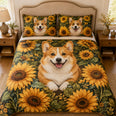 Corgi Sunflower Quilt Set, Floral Dog Gift