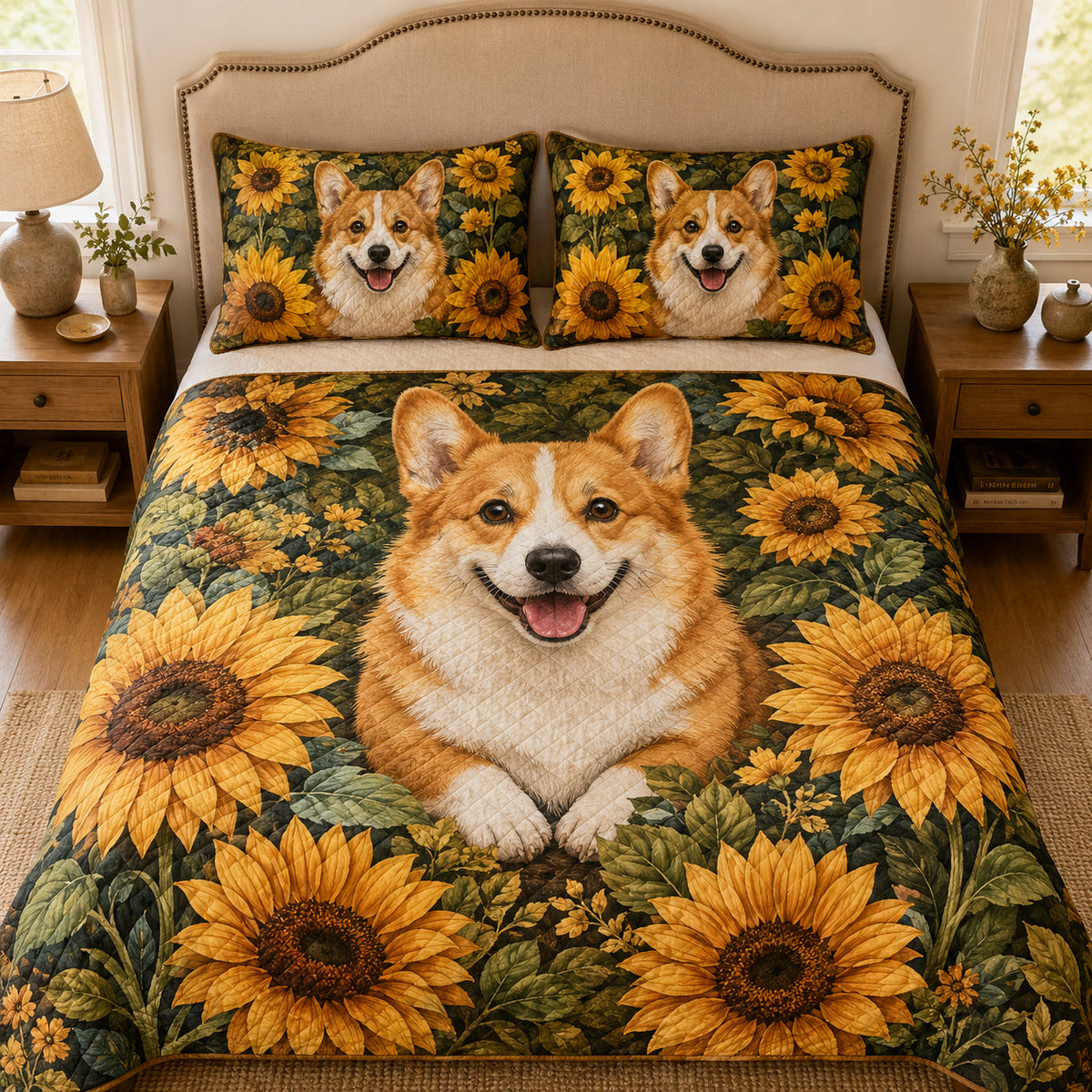 Corgi Sunflower Quilt Set