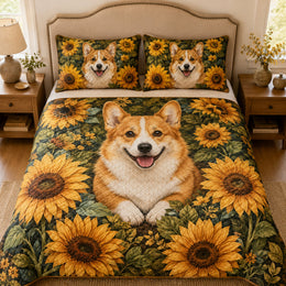 Corgi Sunflower Quilt Set, Floral Dog Gift