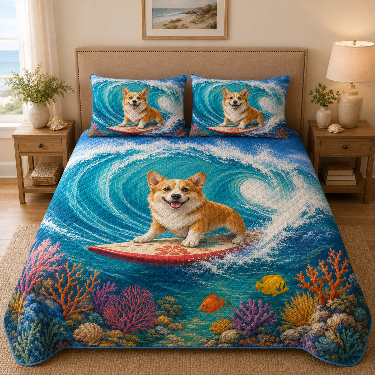 Corgi Surfing Ocean Quilt Set