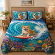 Corgi Surfing Ocean Quilt Set