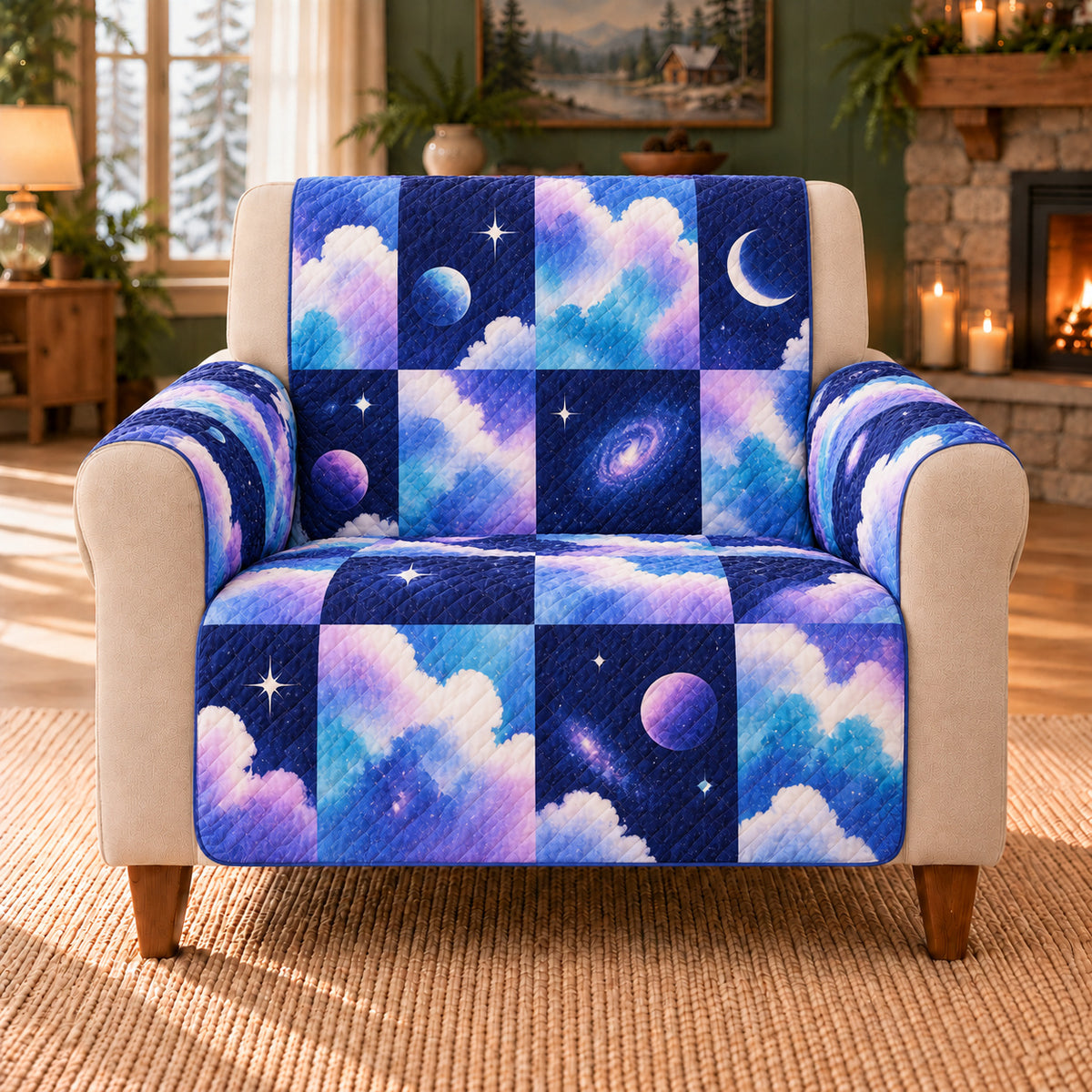Cosmic Cloud Checker sofa cover on a beige armchair