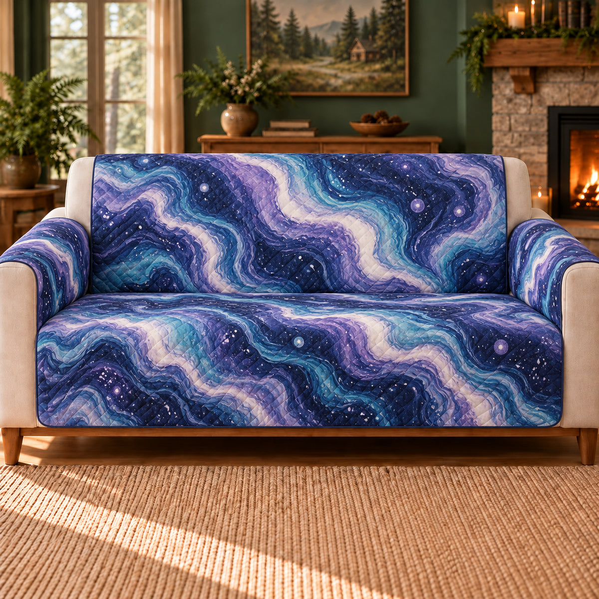 Cosmic Marbled Channels sofa cover on a beige sofa