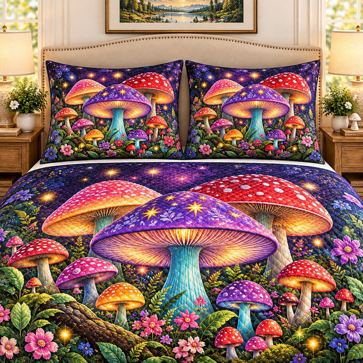 Cosmic glowing mushroom fantasy quilt set, view 2, AI-generated product mockup