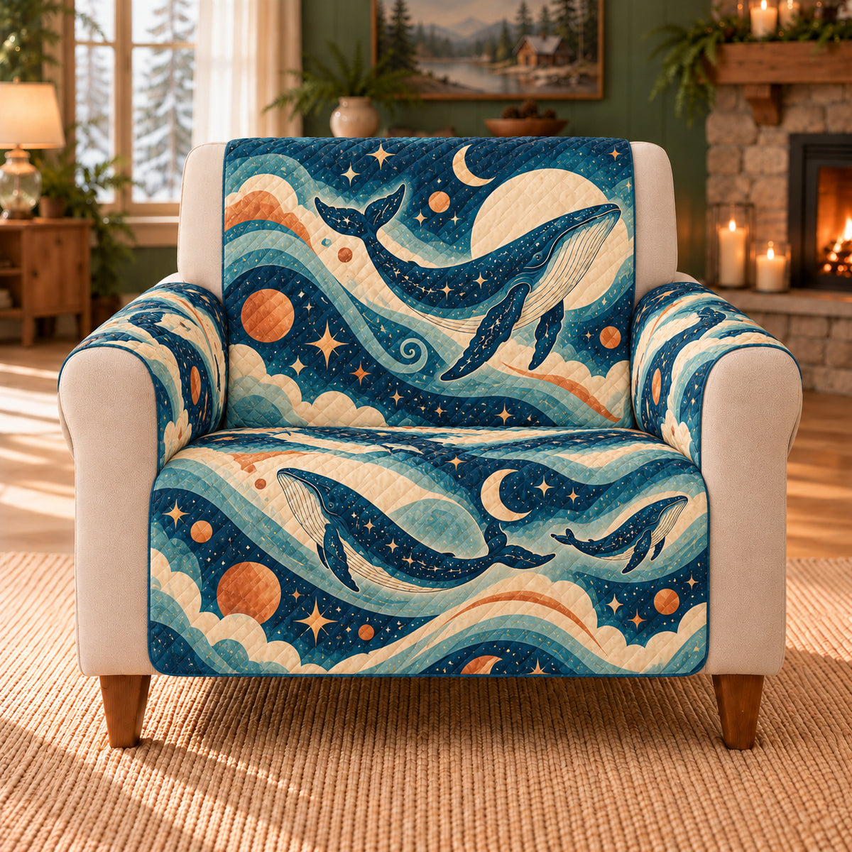 Cosmic Whale Wavelets sofa cover on a beige armchair