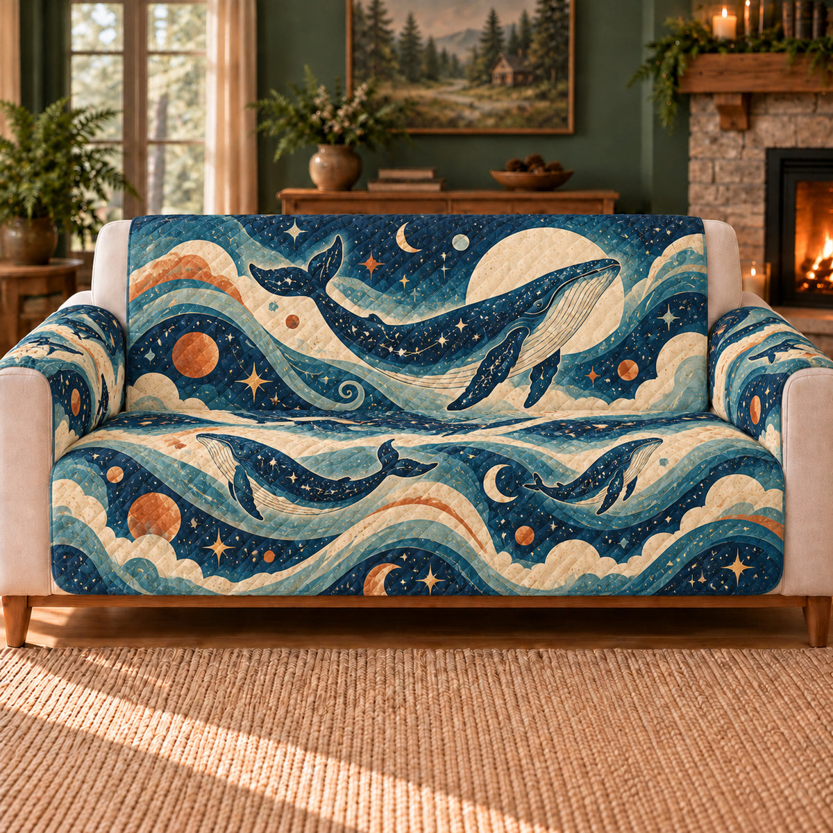Cosmic Whale Wavelets sofa cover on a beige sofa