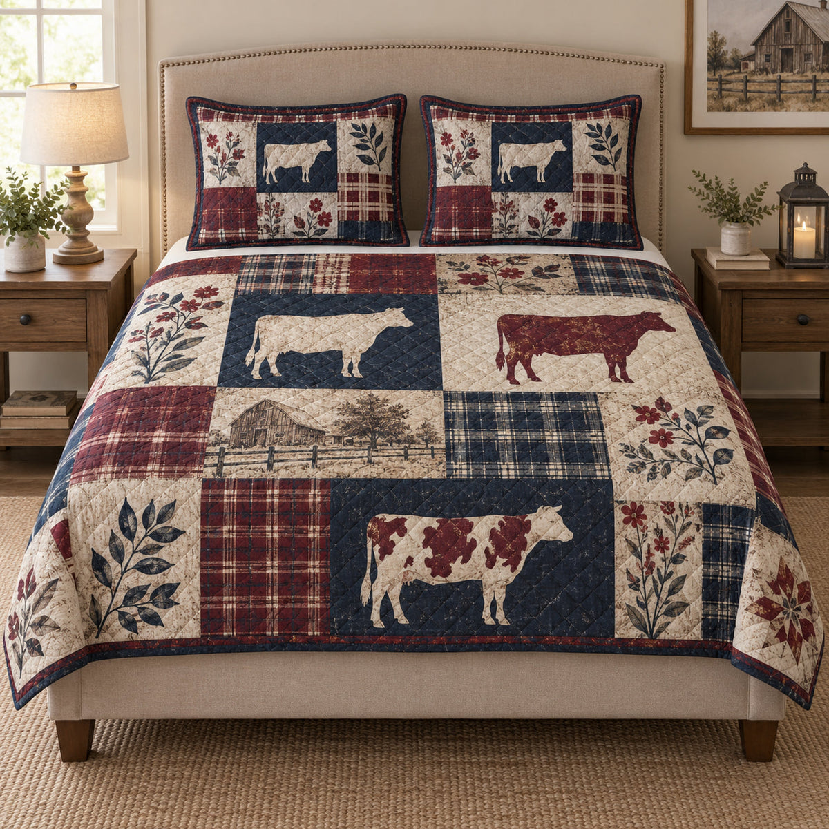 Cow Farmhouse Floral Plaid quilt design with coordinating pillow shams