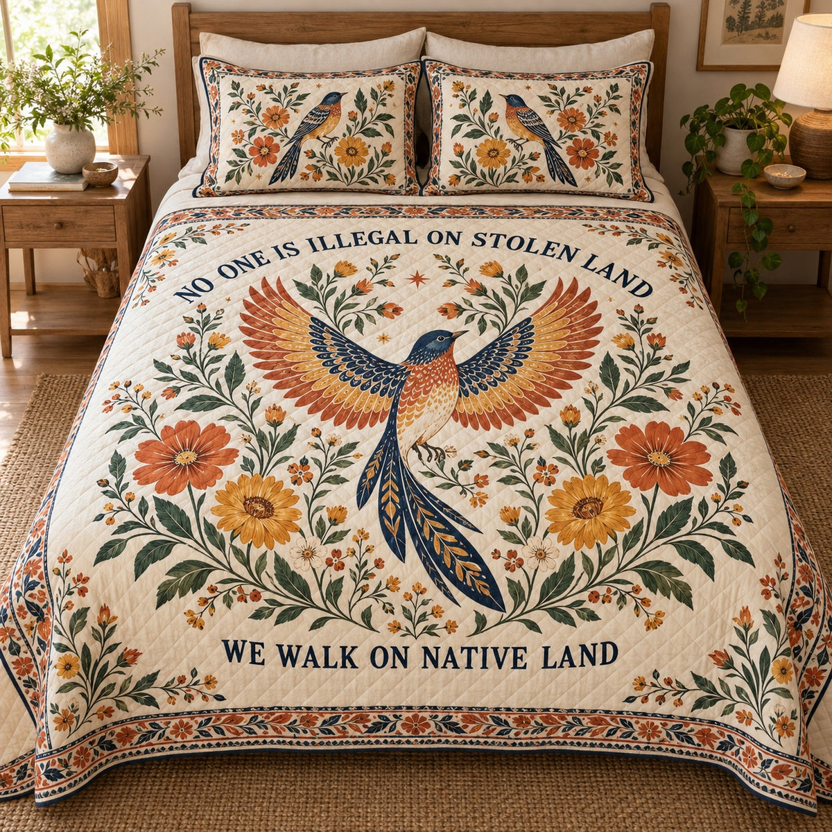 Cream Native solidarity bird floral quilt set front view