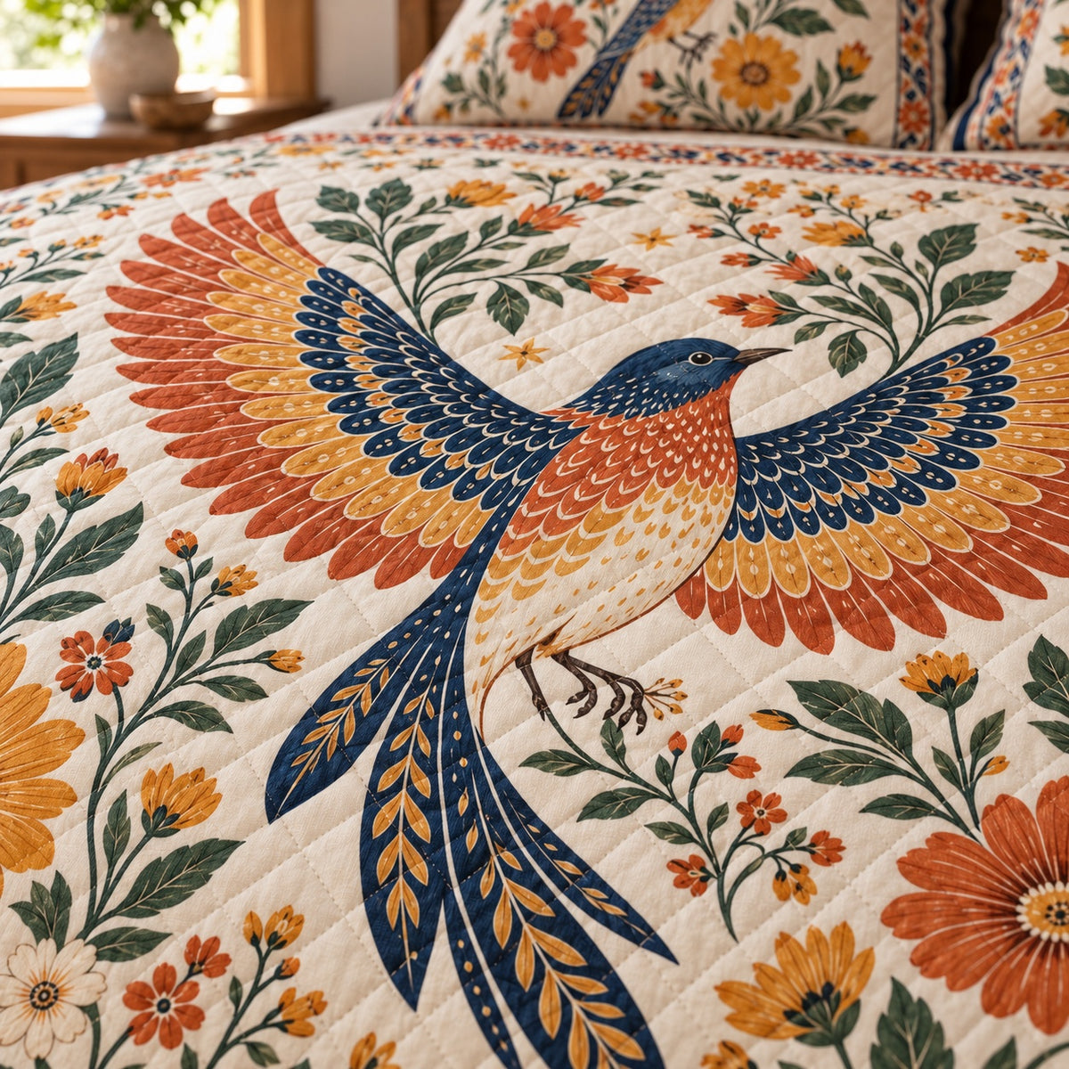 Bird floral print and diamond stitching detail