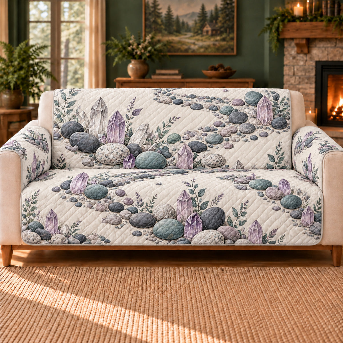 Creek Pebble Crystals sofa cover on a beige sofa