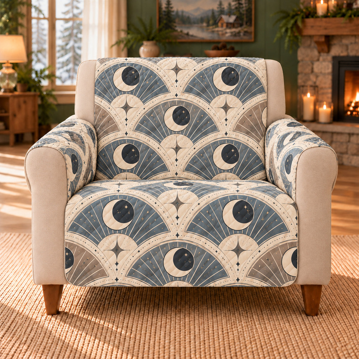 Crescent Fan Tiles sofa cover on a beige armchair