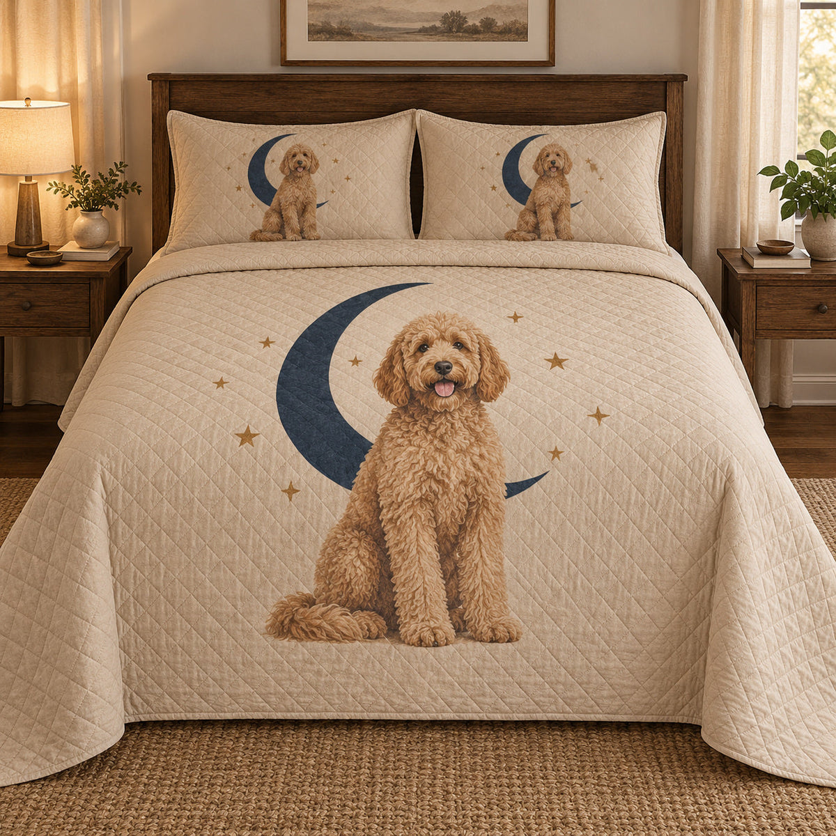 Crescent Portrait Doodle Goldendoodle Starry Garden Quilt Set, front goldendoodle starry garden bedroom view