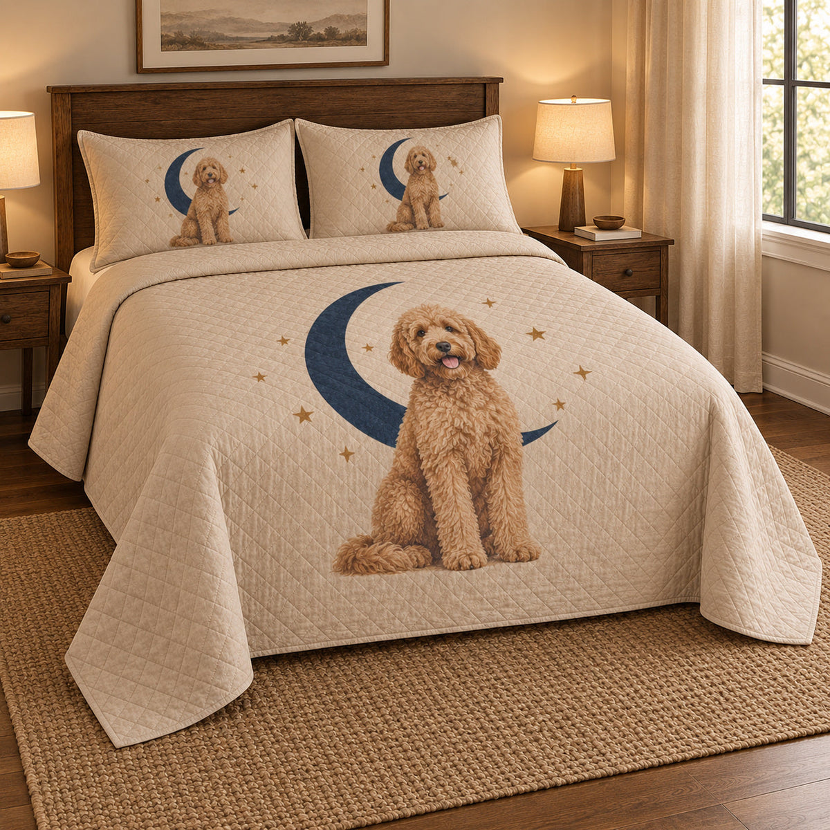 Crescent Portrait Doodle Goldendoodle Starry Garden Quilt Set, angled goldendoodle starry garden bedroom view