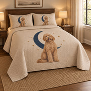 Crescent Portrait Doodle Goldendoodle Starry Garden Quilt Set, angled goldendoodle starry garden bedroom view