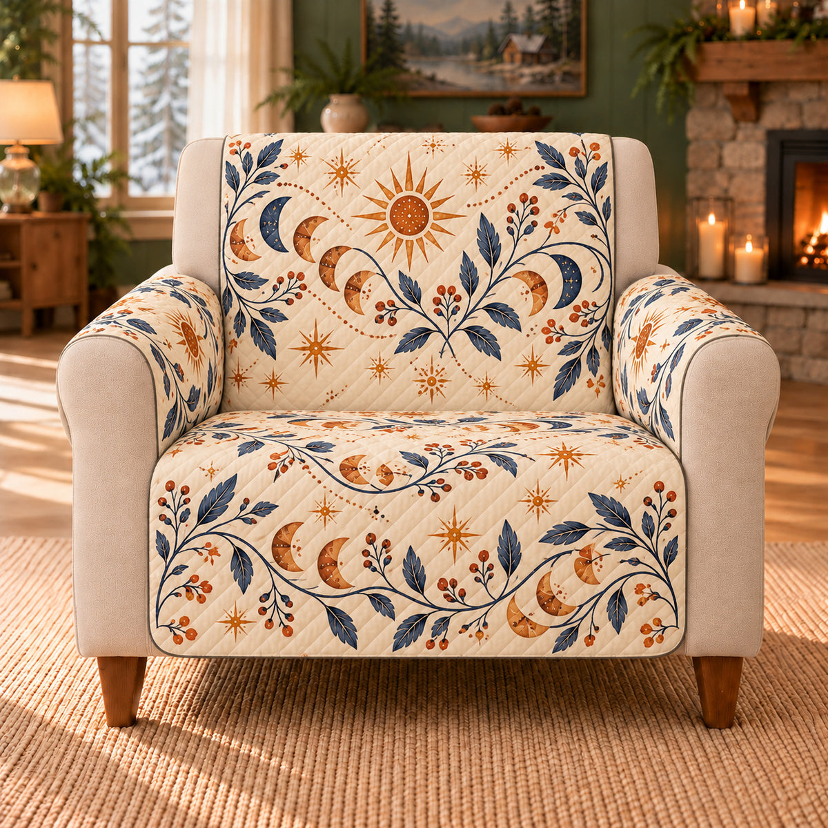 Crescent Seed Trail sofa cover on a beige armchair