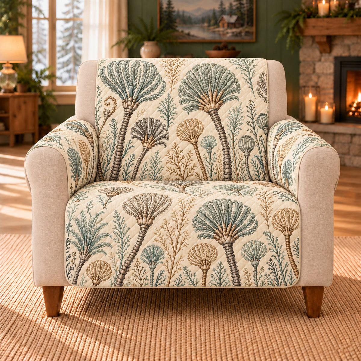 Crinoid Stem Lattice sofa cover on a beige armchair