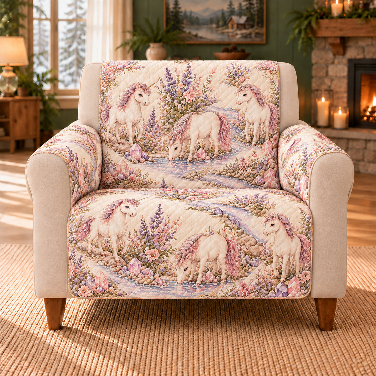 Crystal Creek Unicorns sofa cover on a beige armchair