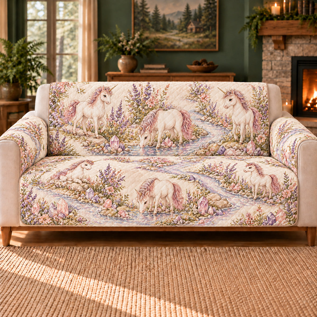 Crystal Creek Unicorns sofa cover on a beige sofa