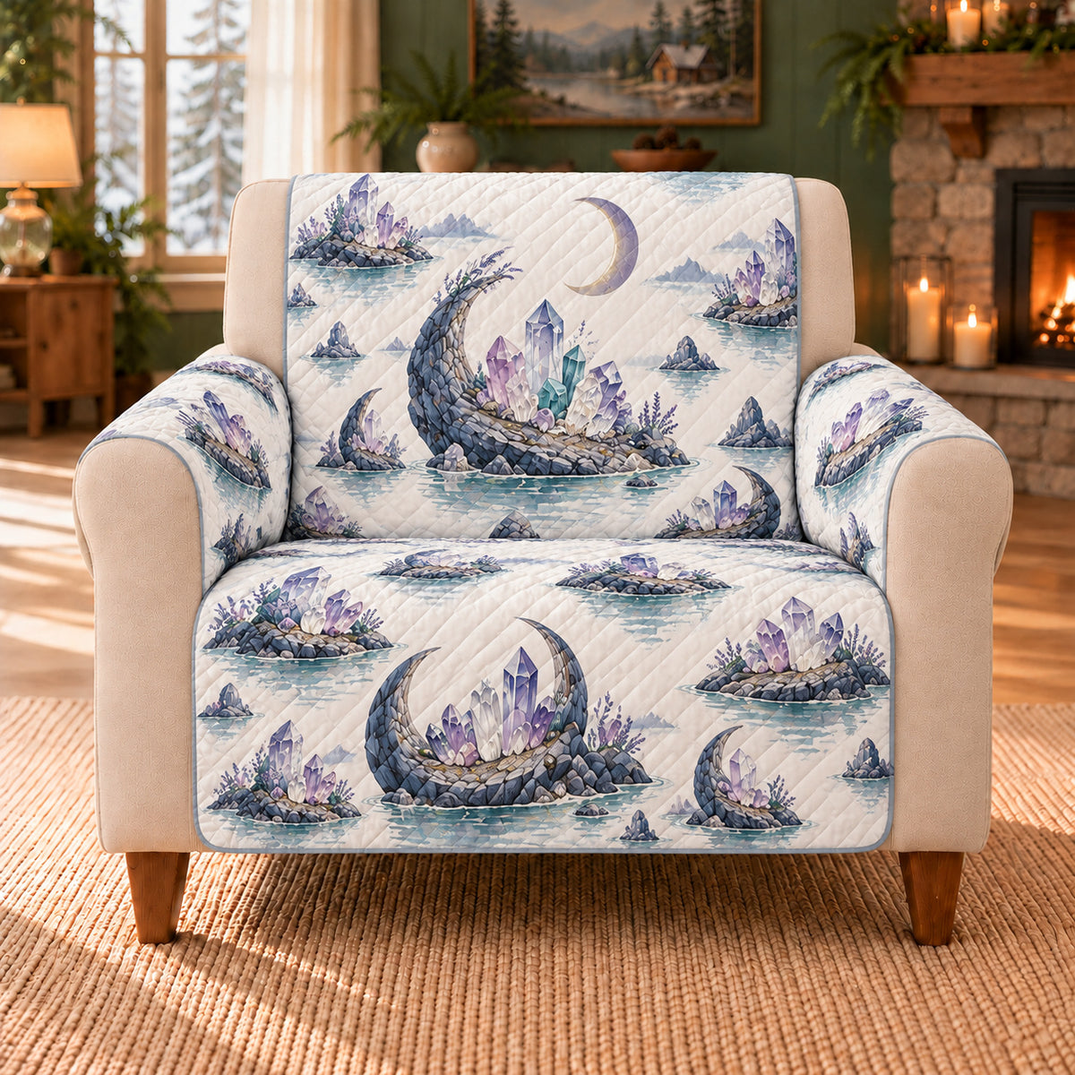 Crystal Crescent Islands sofa cover on a beige armchair