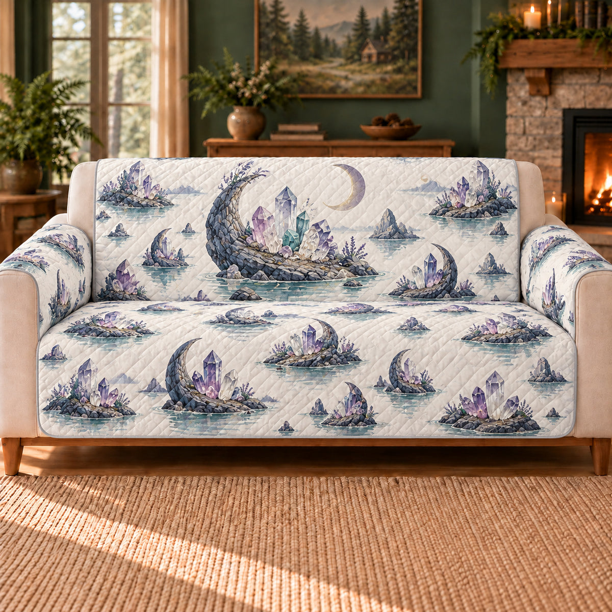 Crystal Crescent Islands sofa cover on a beige sofa