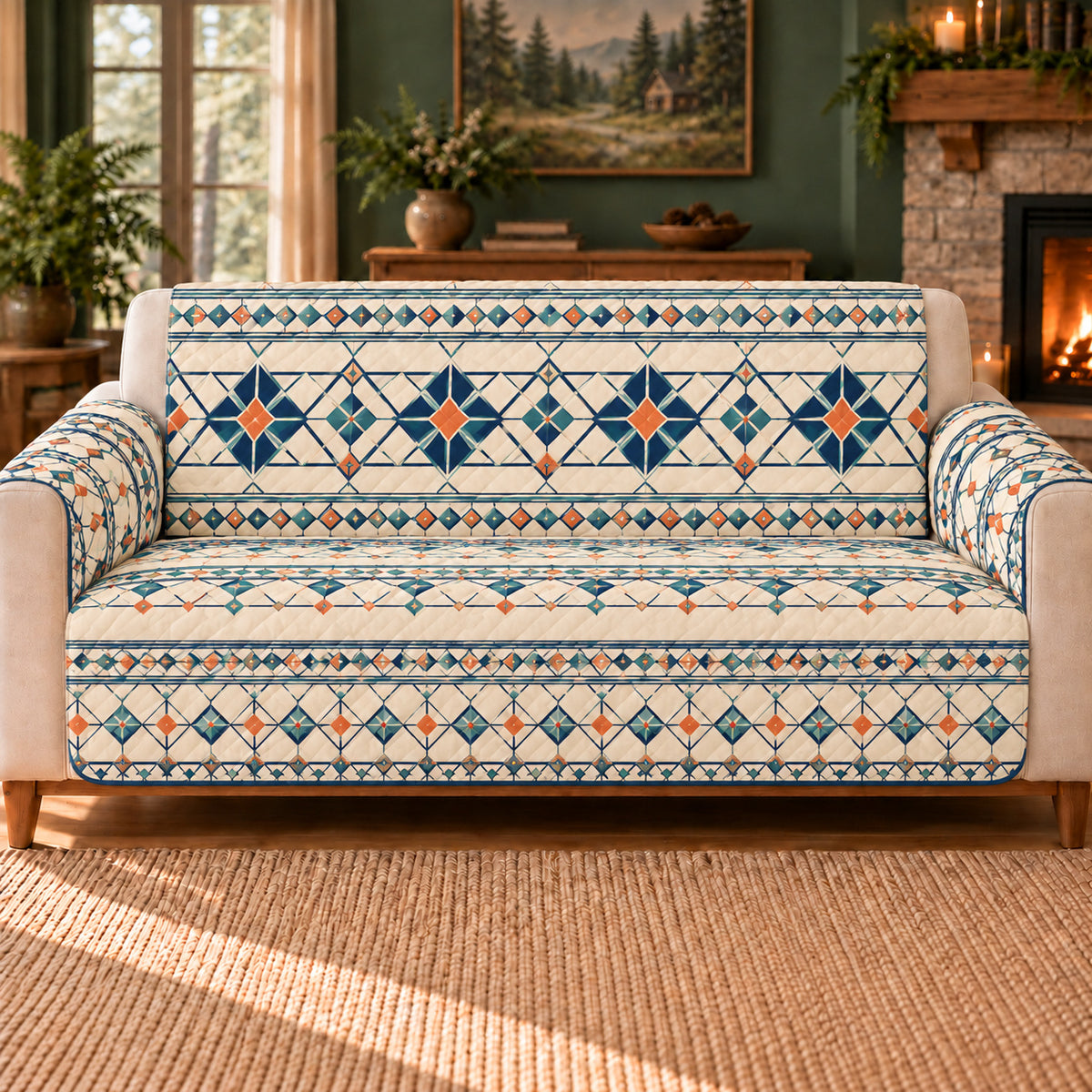 Crystal Lattice Bands sofa cover on a beige sofa