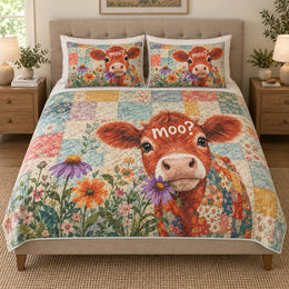 Cute Floral Highland Cow Quilt Set