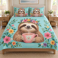 Cute Sloth Coffee Floral Quilt Set