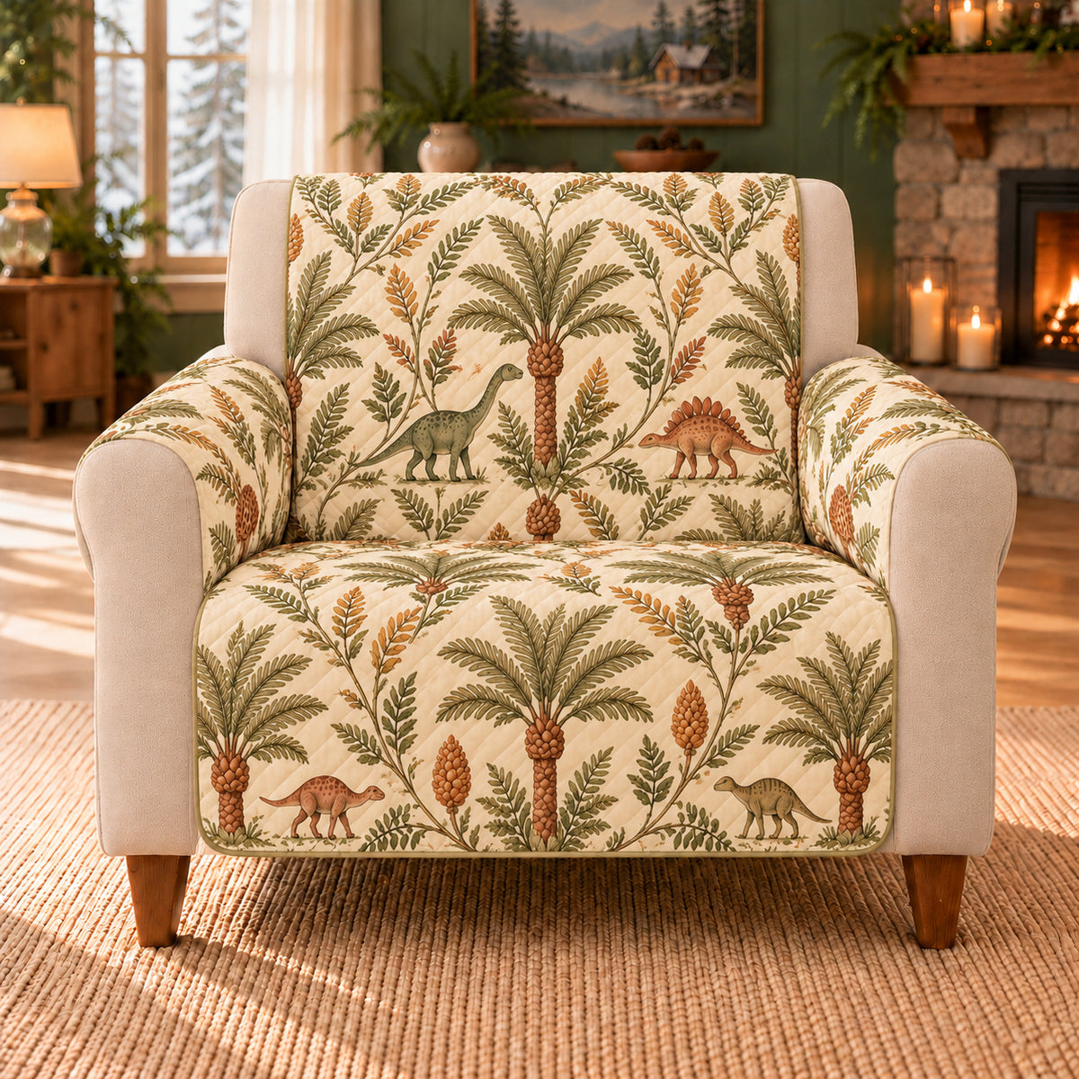 Cycad Dino Trellis sofa cover on a beige armchair