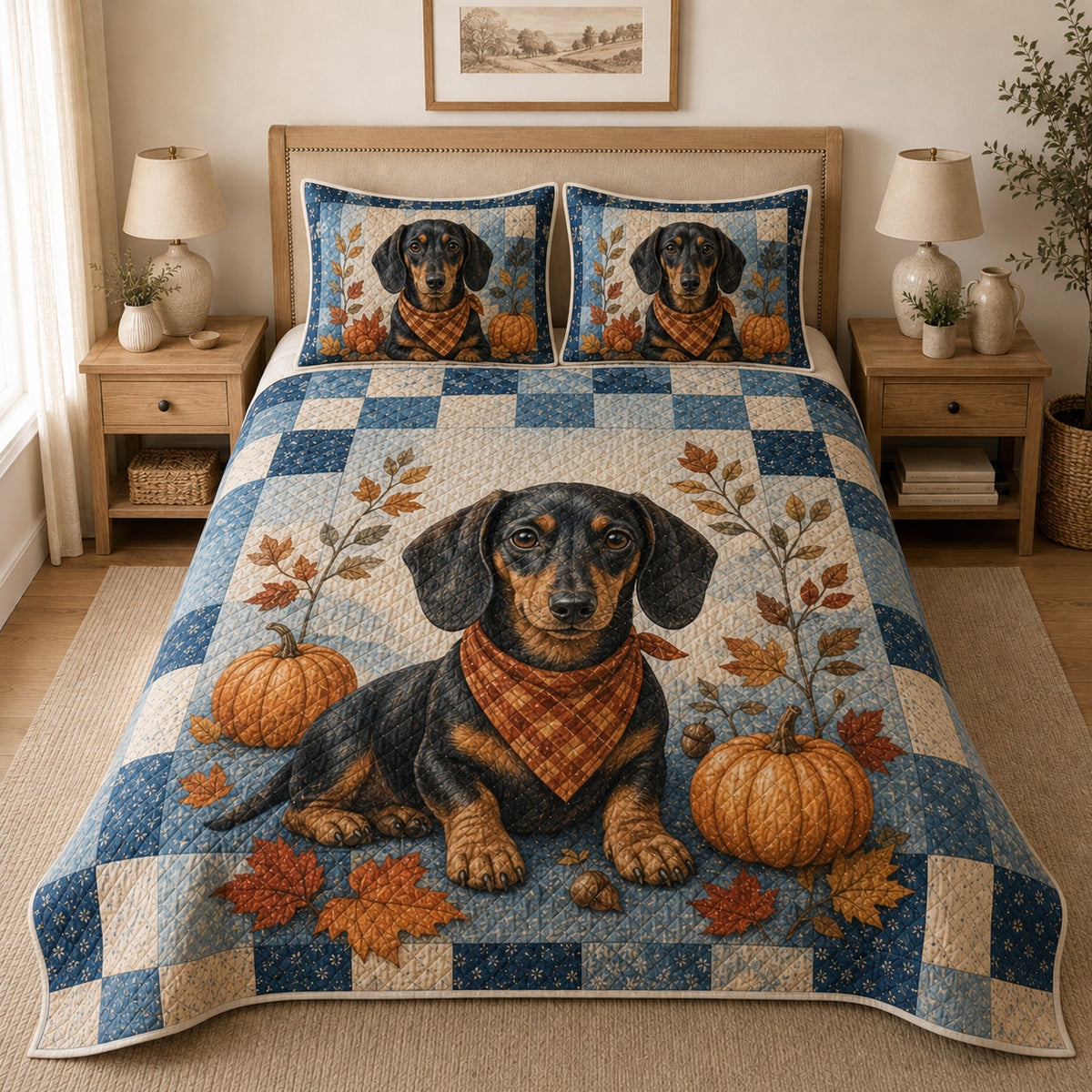 Dachshund Fall quilt design with coordinating pillow shams