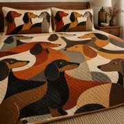 Modern Abstract Dachshund quilt set on a bed, with geometric Dachshund artwork in rust, tan, gray and black.