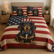 Patriotic Dachshund American Flag quilt design with coordinating pillow shams