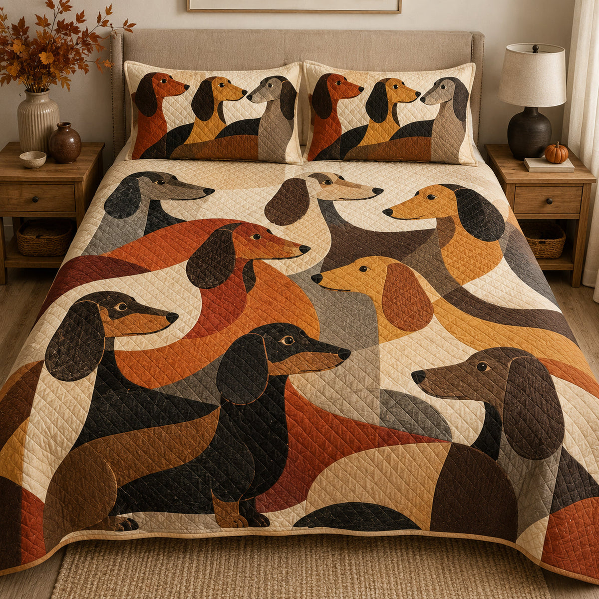 Modern Abstract Dachshund quilt design with coordinating pillow shams
