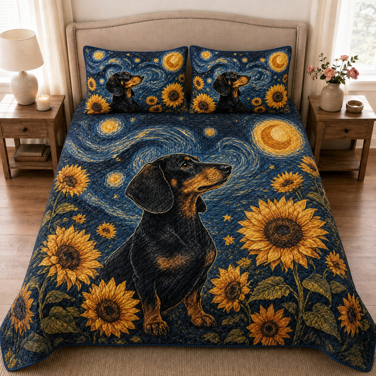 Dachshund Starry Night Sunflower quilt design with coordinating pillow shams