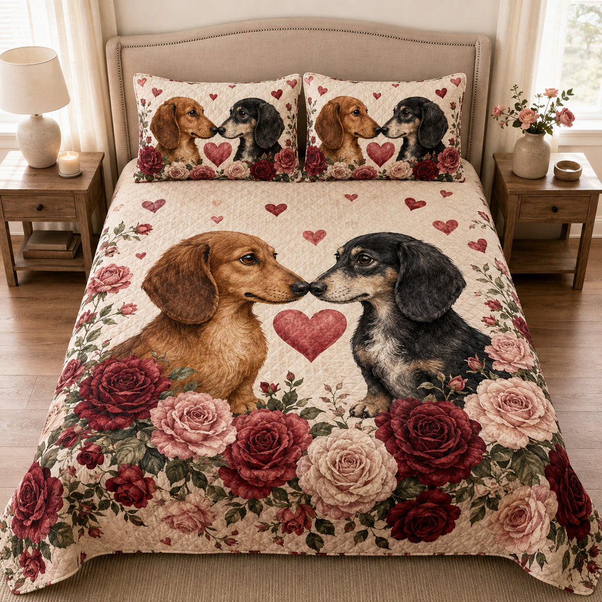 Dachshund Valentine Roses quilt design with coordinating pillow shams