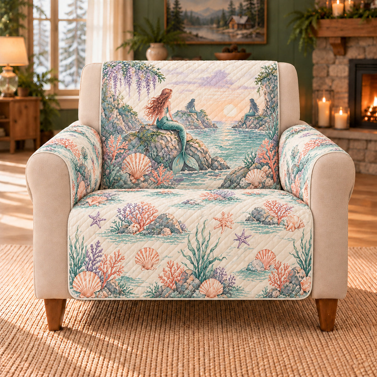 Dawn Cove Frieze sofa cover on a beige armchair