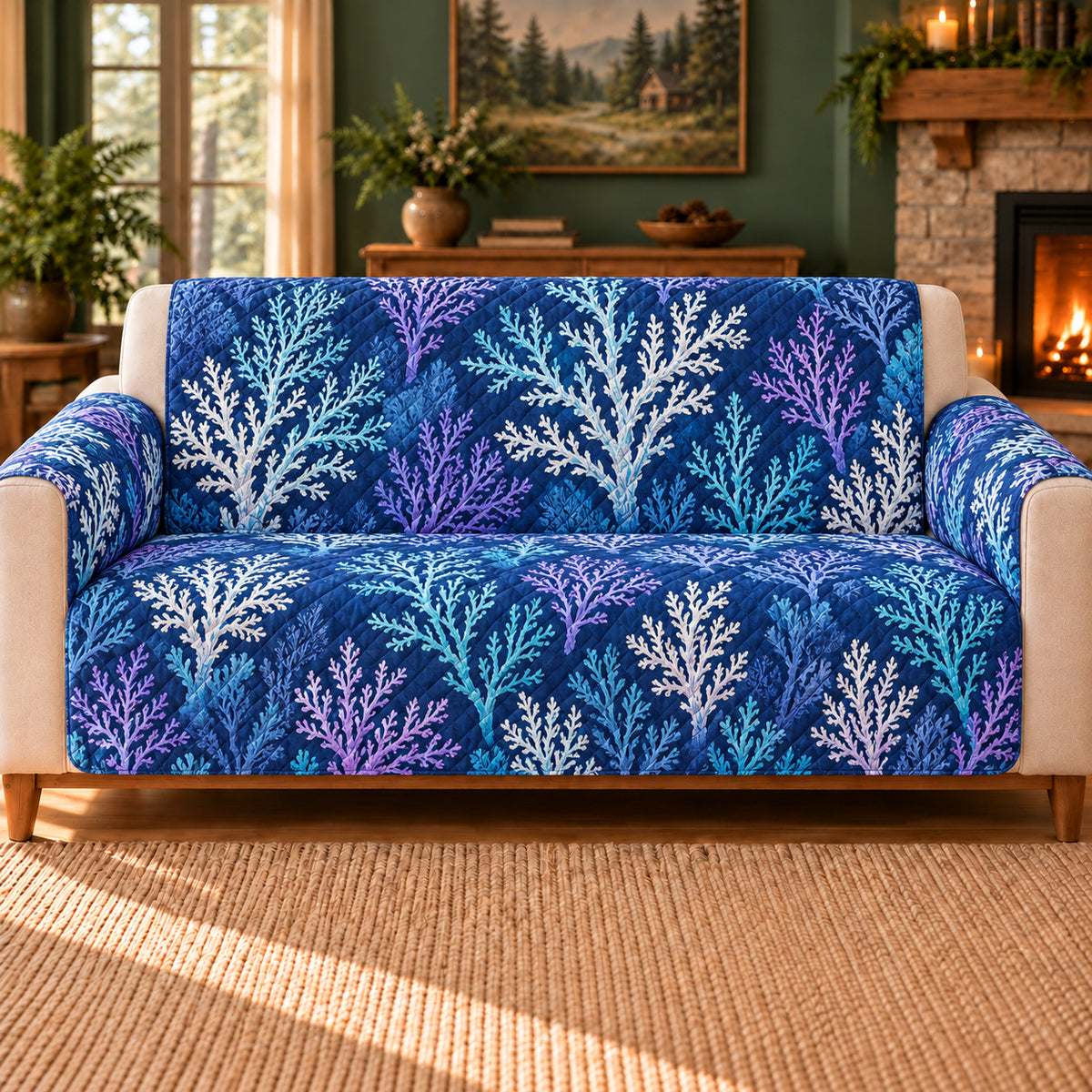 Deep Coral Branch Repeat sofa cover on a beige sofa