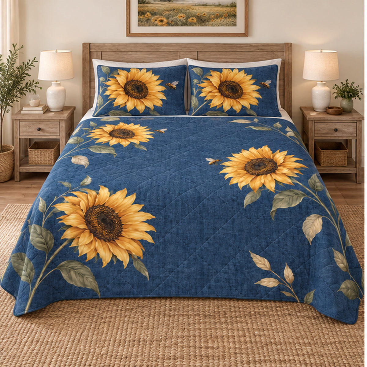 Front view of Denim Blue Sunflower Bee quilt set