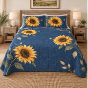 Front view of Denim Blue Sunflower Bee quilt set