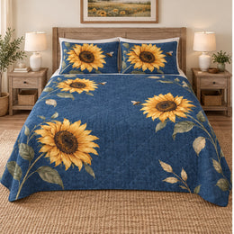 Denim Blue Sunflower Bee Quilt Set, Rustic Bedding Gift for Flower Lovers