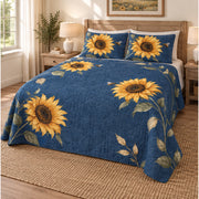 Left view of Denim Blue Sunflower Bee quilt set