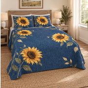 Right view of Denim Blue Sunflower Bee quilt set