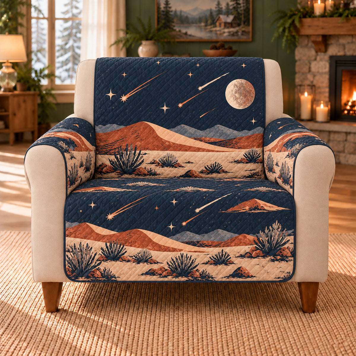 Desert Meteor Frieze sofa cover on a beige armchair