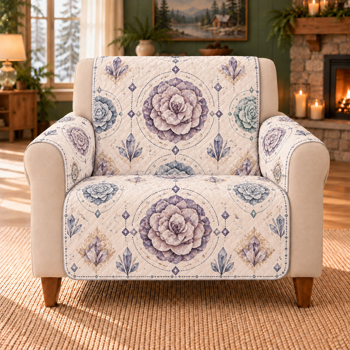Desert Rose Medallions sofa cover on a beige armchair