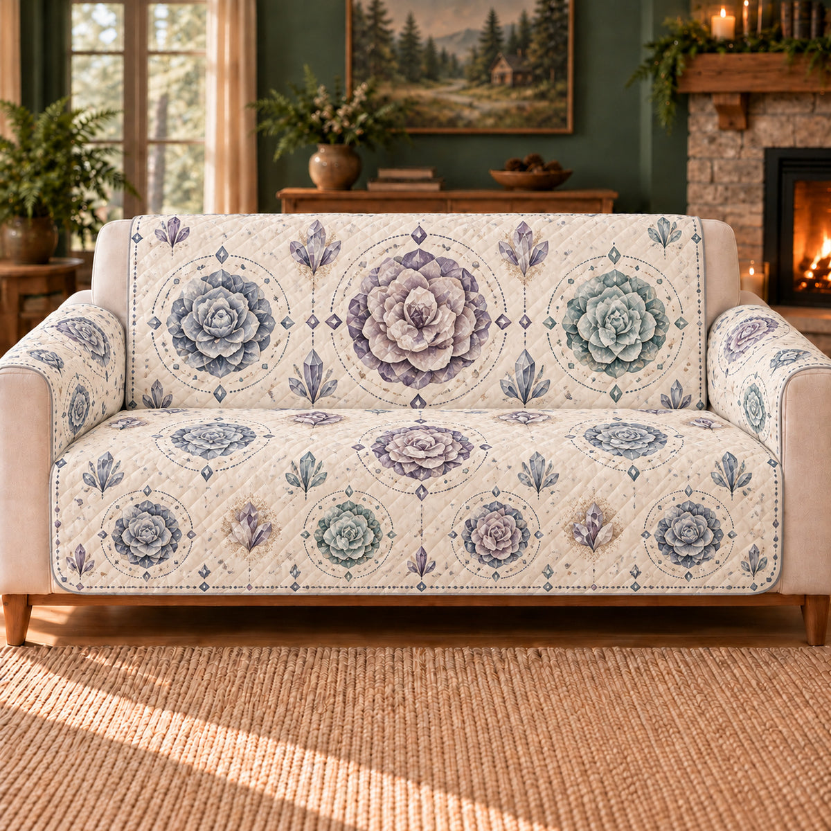 Desert Rose Medallions sofa cover on a beige sofa