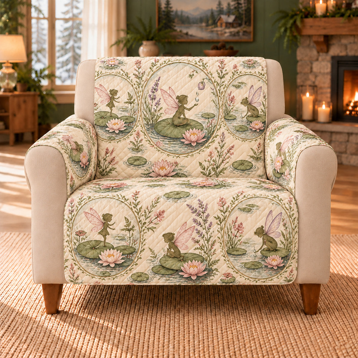 Dewdrop Garden Ovals sofa cover on a beige armchair