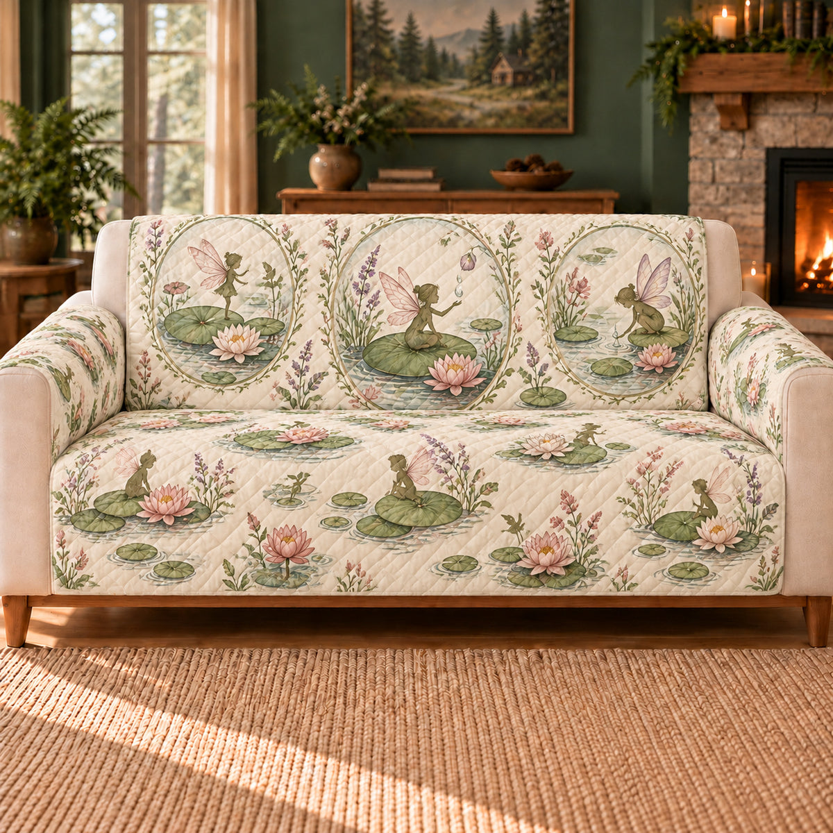 Dewdrop Garden Ovals sofa cover on a beige sofa