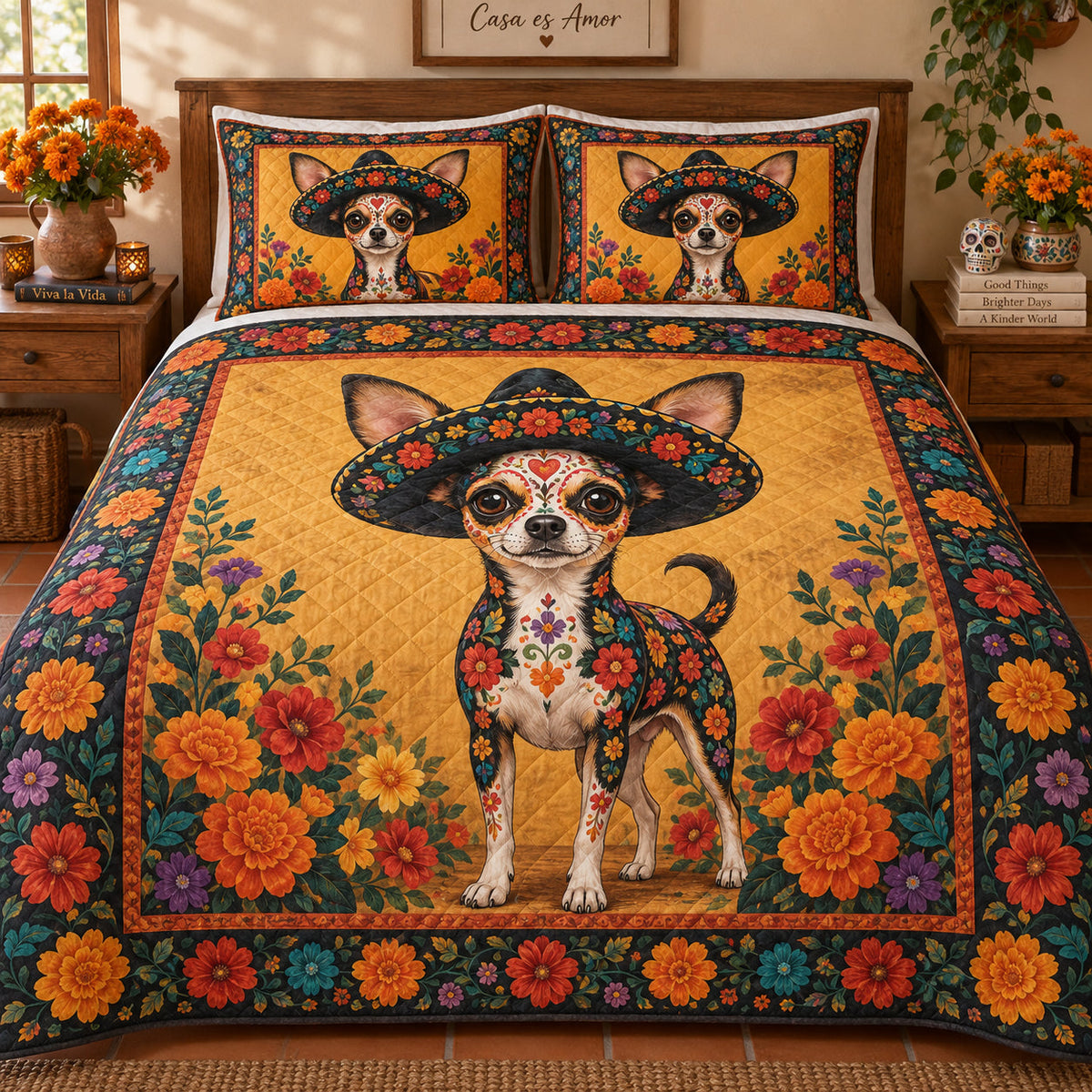 Dia de Muertos Chihuahua Quilt Set: bedroom mockup showing the quilt design and coordinating pillow shams